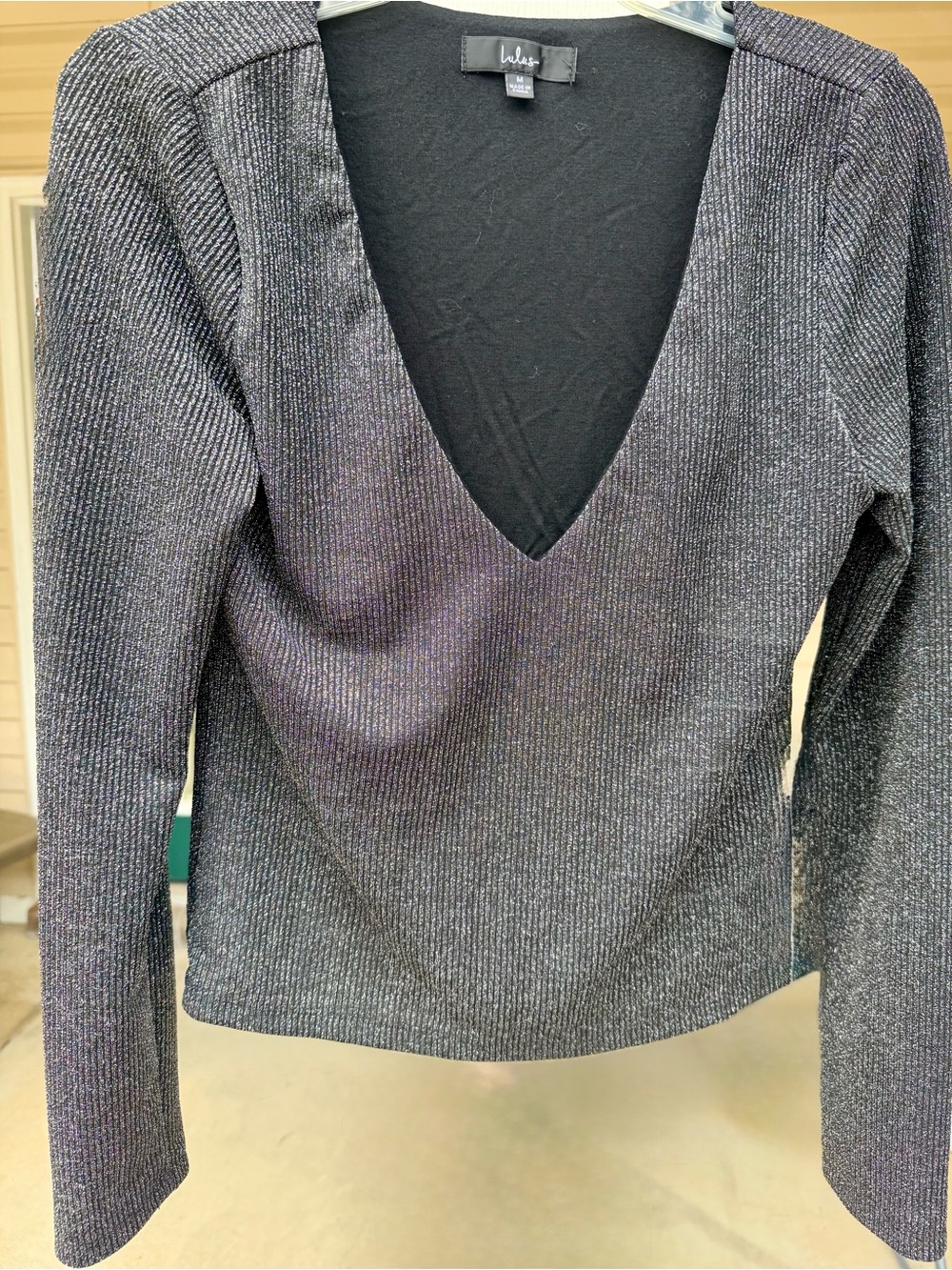 Lulu's Shimmery Deep V-Neck Long Sleeve Sweater - Charcoal Silver